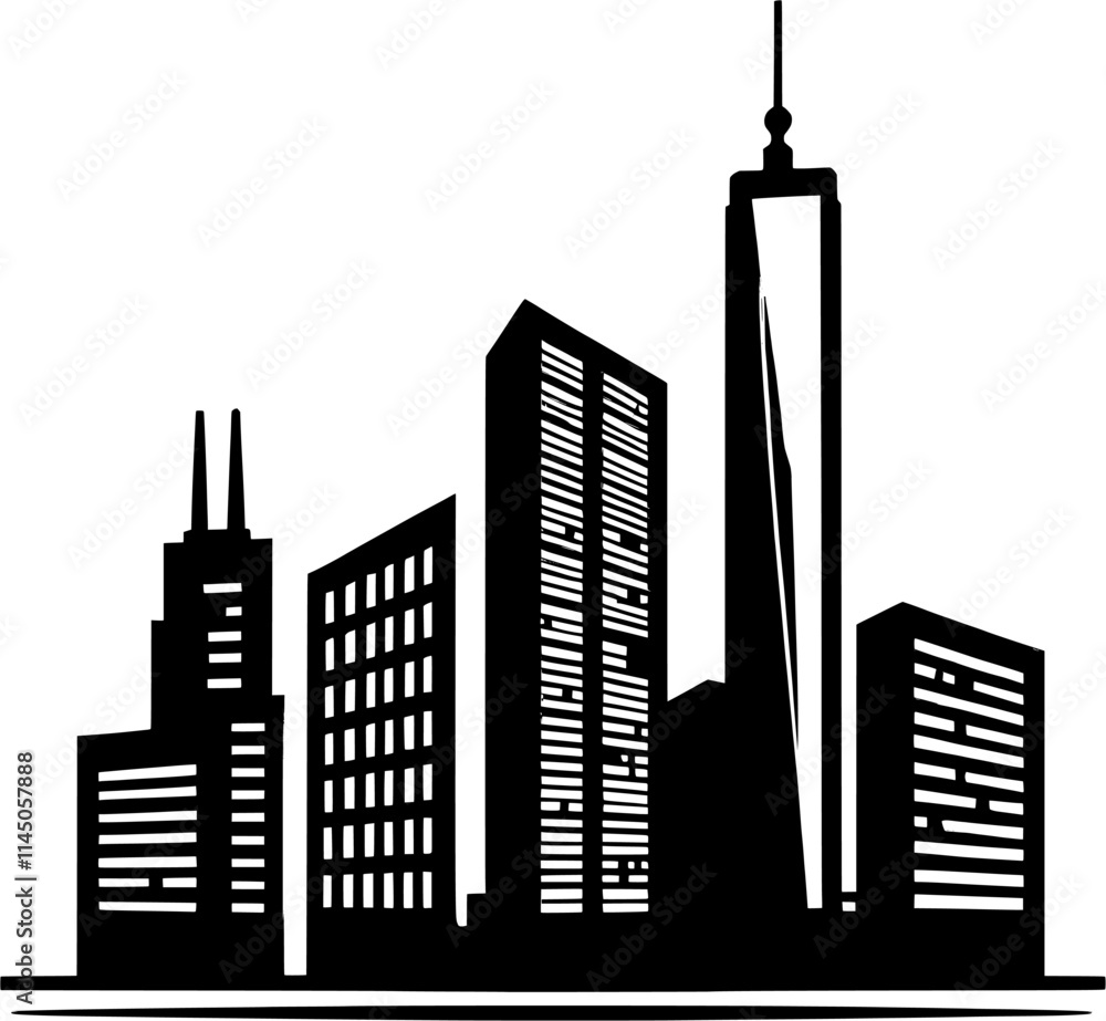 Obraz premium City buildings and skyscrapers black vector icon isolated on a transparent background.