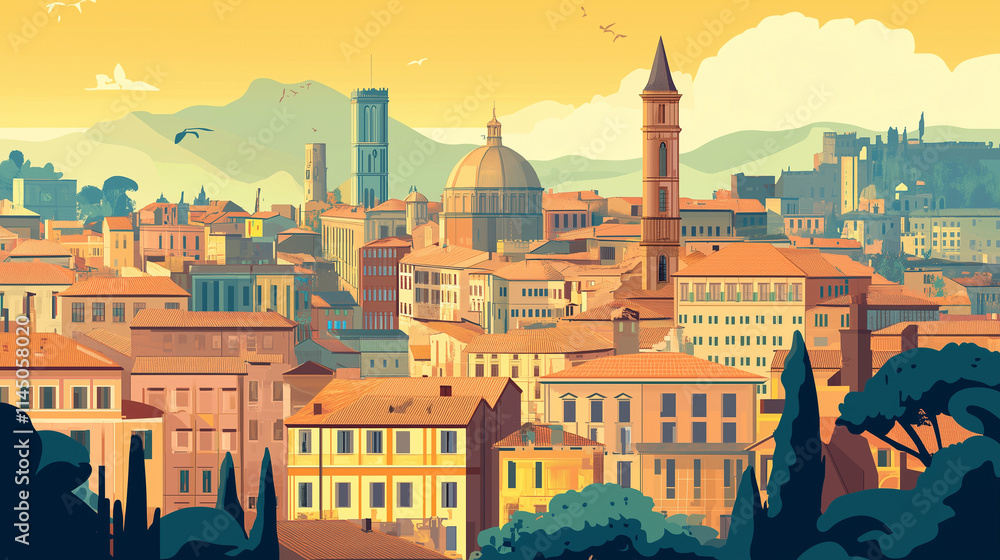 Fototapeta premium Illustration, Cityscape of Bologna in Italy, touristic advertisement poster. Promotional touristic poster. Beautiful city in Italy. Must-see tourist travel destination.