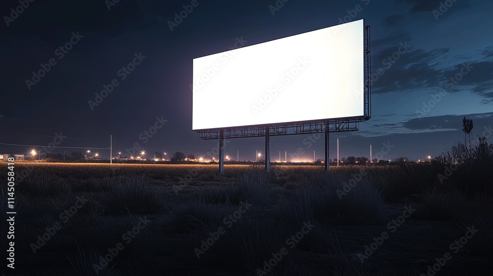 Illuminated Billboard Stands Alone In Rural Nighttime Landscape Illuminated Billboard Stands Alone In Rural Nighttime Landscape