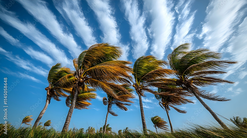 Obraz premium Palm trees swaying in a windy tropical sky.