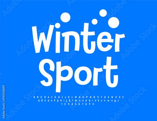 Vector active banner Winter Sport. Snowy White Font. Playful Alphabet Letters and Numbers set photo