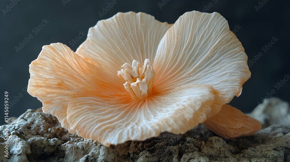Peach-colored mushroom resembling a flower on grey rock. Peach-colored mushroom resembling a flower on grey rock.