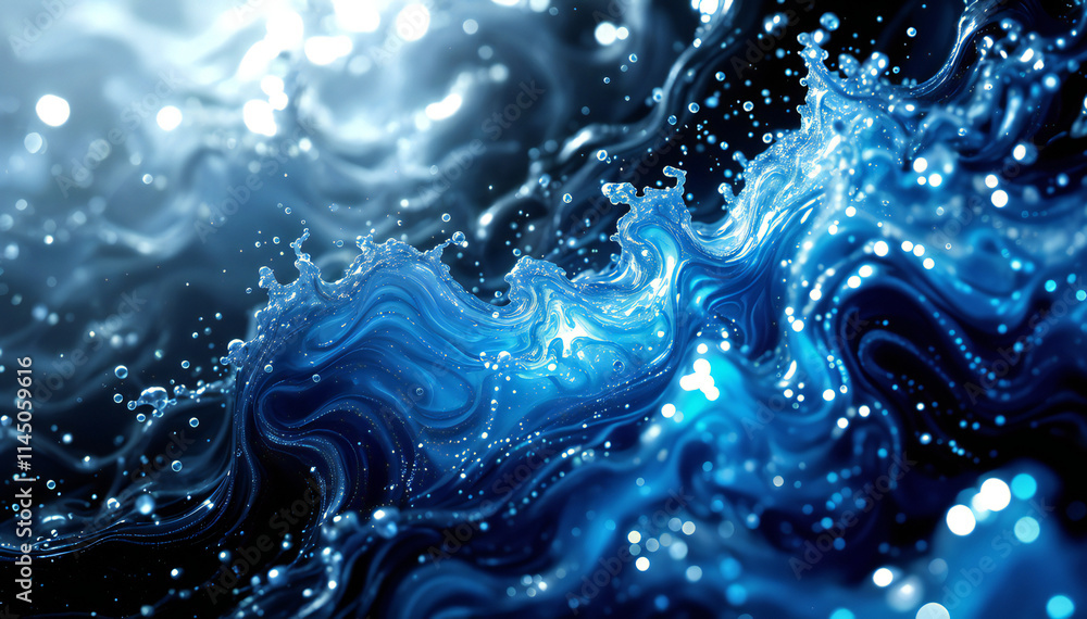 Swirling blue and white abstract liquid with sparkling highlights, resembling a flowing, ethereal wave or ocean current. Swirling blue and white abstract liquid with sparkling highlights, resembling a flowing, ethereal wave or ocean current.