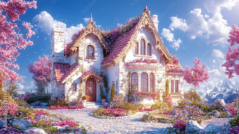 Obraz premium A whimsical fairytale cottage with a pink tiled roof is surrounded by blooming cherry blossoms under a bright blue sky.