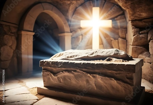 wooden ark of the covenant, glowing cross, divine light, ancient stone walls