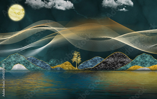 3d modern art mural wallpaper with dark blue blue background. golden tree and mountains , golden moon. dark landscape background and clouds and colorful mountains. for home wall decoration
 photo