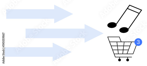 Three blue arrows point towards a music note and a shopping cart with a notification. Ideal for digital marketing, e-commerce, online shopping, music streaming, user interaction, digital economy