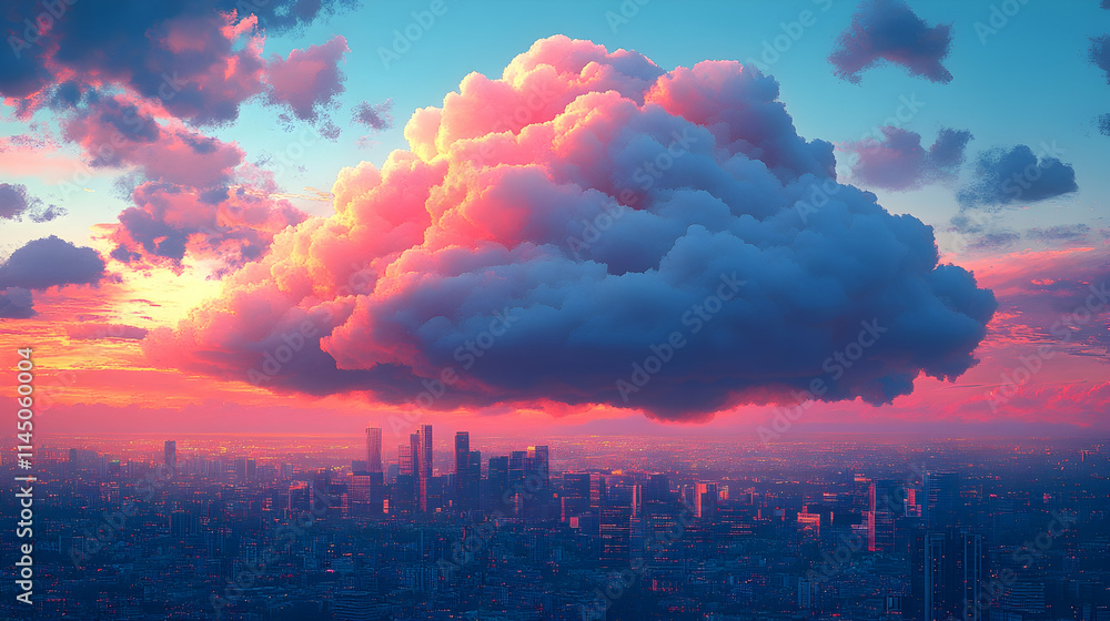 Obraz premium Pink sunset cloud over cityscape.