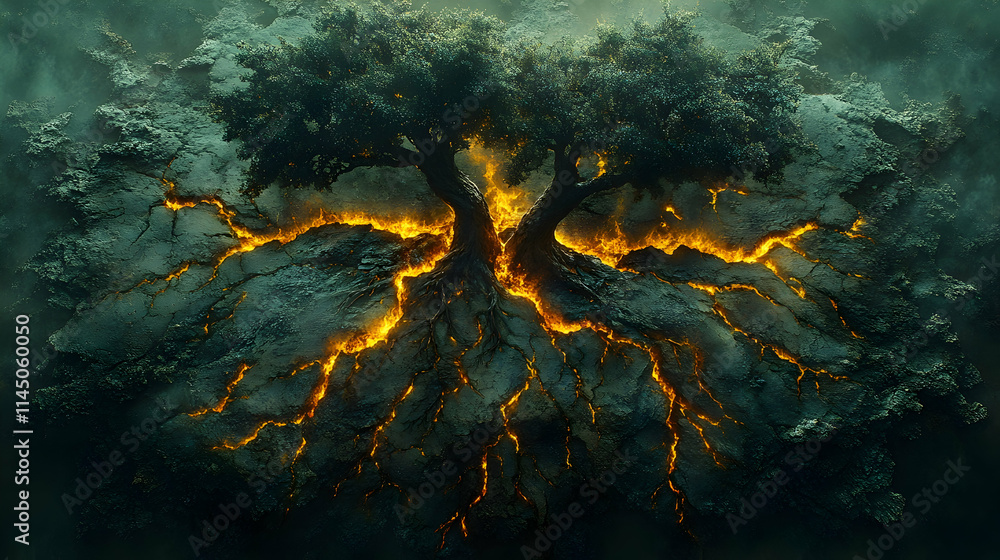 Fiery tree roots bursting from cracked earth. Fiery tree roots bursting from cracked earth.