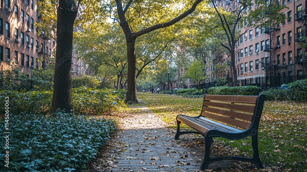 A serene urban park scene featuring a bench situated on a path amidst lush greenery and towering buildings. A serene urban park scene featuring a bench situated on a path amidst lush greenery and towering buildings.
