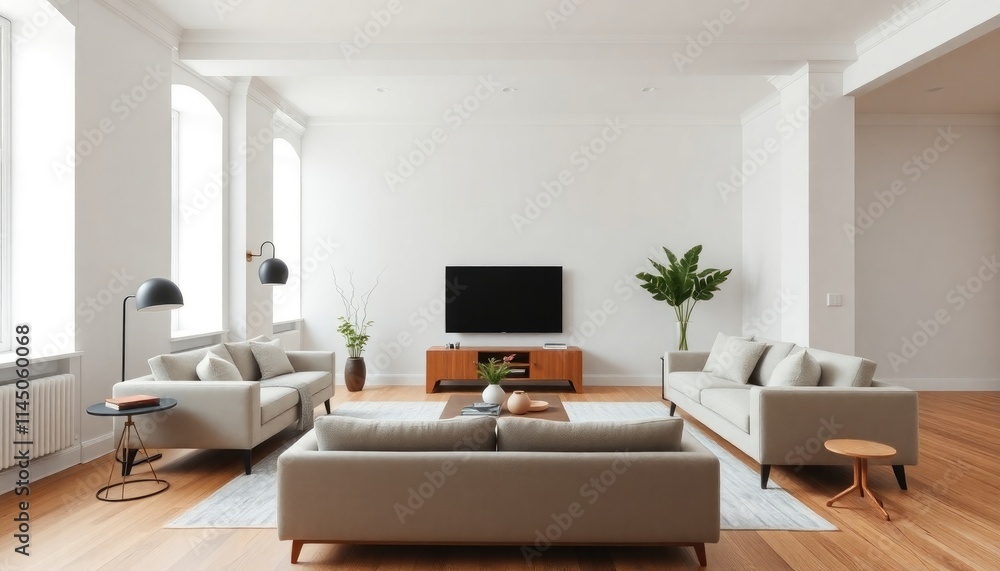 A minimalist loft living room with crisp white skirting boards, neutral-tone furniture, and a simplistic approach to decor that feels spacious A minimalist loft living room with crisp white skirting boards, neutral-tone furniture, and a simplistic approach to decor that feels spacious