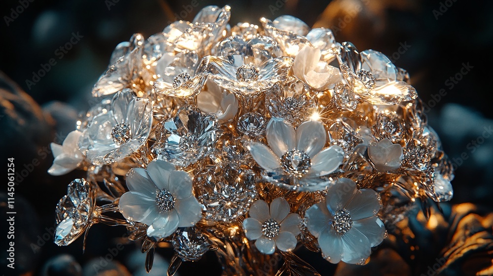 A close-up photograph of a chandelier made from gold and clear crystals with white flowers. A close-up photograph of a chandelier made from gold and clear crystals with white flowers.