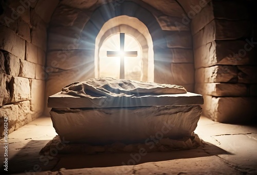 wooden ark of the covenant, glowing cross, divine light, ancient stone walls