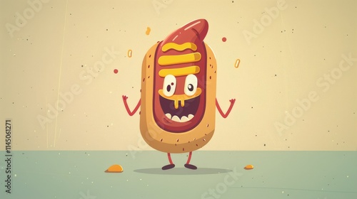 Happy hot dog cartoon character with mustard. photo