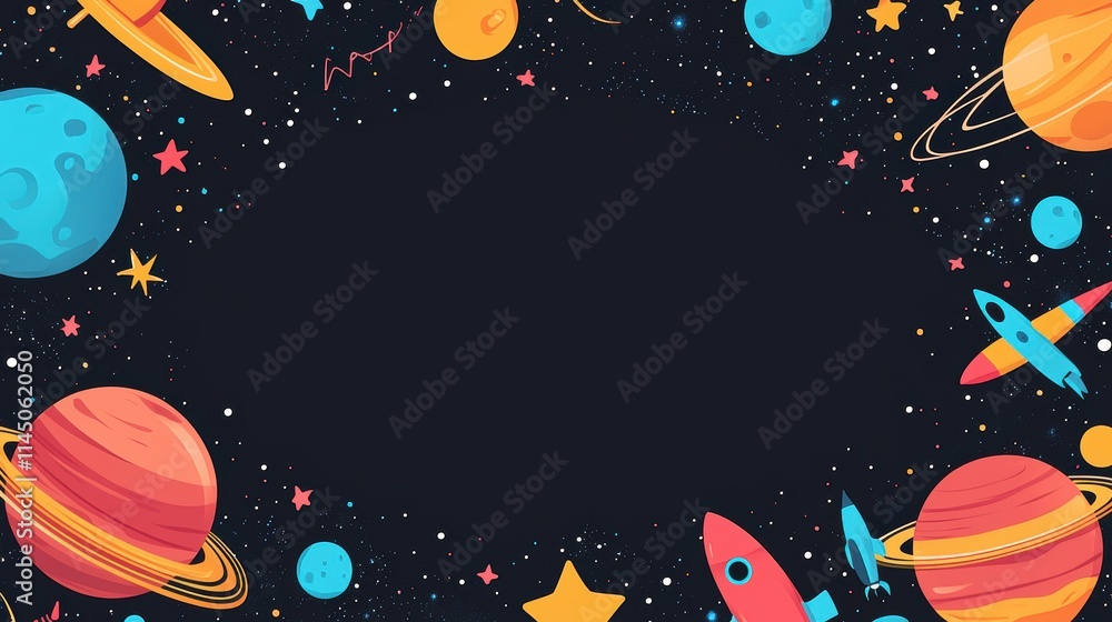 Space-Themed Greeting Card Template with Colorful Planets and Rockets for Kids Space-Themed Greeting Card Template with Colorful Planets and Rockets for Kids