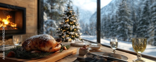 Golden roasted capon, chapon rÃ´ti, on a wooden board with rosemary and festive herbs, a knife beside it on a Christmas-decorated table. Cozy modern apartment with fireplace, tree, and snowy pine view photo