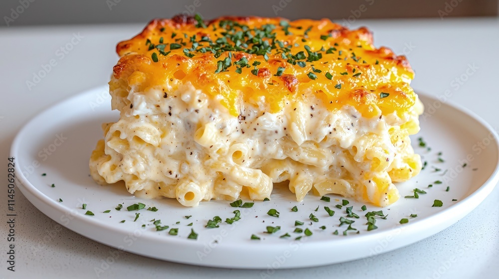 Baked macaroni and cheese with a golden crust, garnished with fresh herbs, served on a white plate. Baked macaroni and cheese with a golden crust, garnished with fresh herbs, served on a white plate.