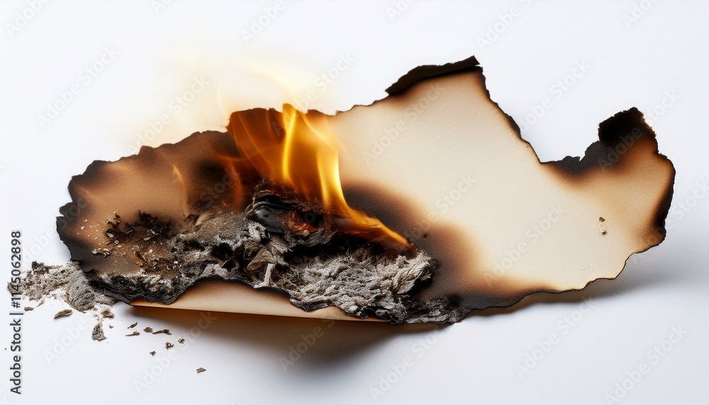 Fototapeta premium Burnt old paper with a white background; old and vintage paper with burnt edges; old manuscript paper with burned edges with flame; object photography; white background; burn and flame; vintage