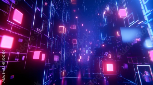 Abstract Digital Environment with Neon Lights and Geometric Shapes, Perfect for Backgrounds and Futuristic Themes in Creative Projects