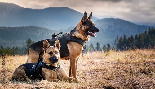 A K9 dog unit in training with the military; canine dogs in the middle of training while wearing a tactical vest and equipment; a german sheppard dog under training by the military; dog training photo