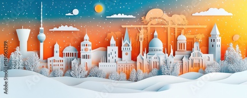 A modern paper cut style postcard of iconic landmarks of Germany in winter featured on this 1 GM winPanorama postcard and travel poster