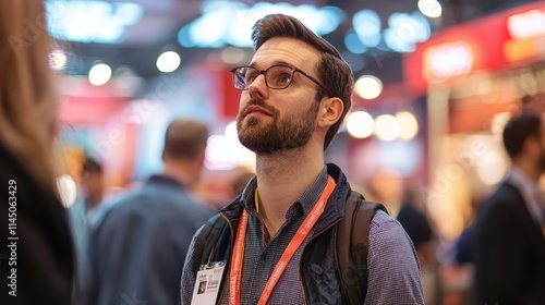 Vibrant Branding at Trade Show: Engaging Attendee and Detailed ID Badge for Networking