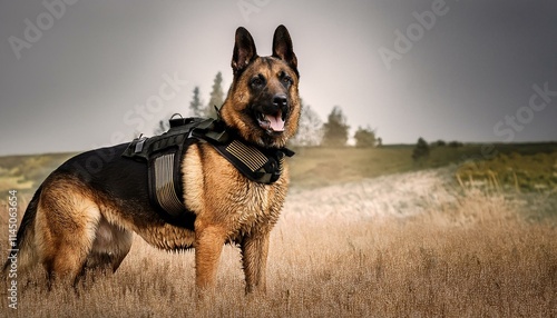 A K9 dog unit in training with the military; canine dogs in the middle of training while wearing a tactical vest and equipment; a german shepard dog under training by the military; dog training