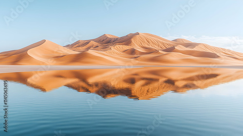 Sand dunes reflected in still water.