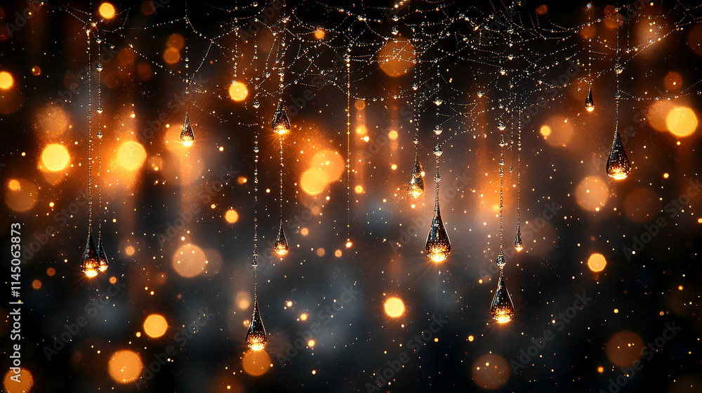 Obraz premium Glowing droplets hanging on a dark background with bokeh lights and spiderweb.
