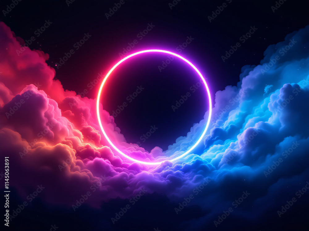 Obraz premium Vibrant neon circle glowing with radiant colors against a dark, mystical background.