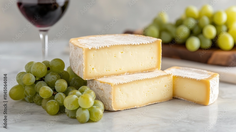 Creamy cheese wheel cut into wedges, served with green grapes and red wine. Creamy cheese wheel cut into wedges, served with green grapes and red wine.
