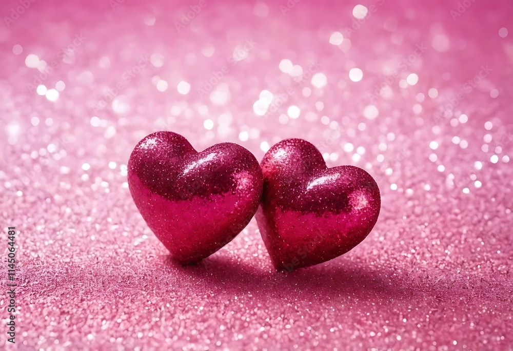 Fototapeta premium Shiny metallic red heart ornaments, Pink glittery background