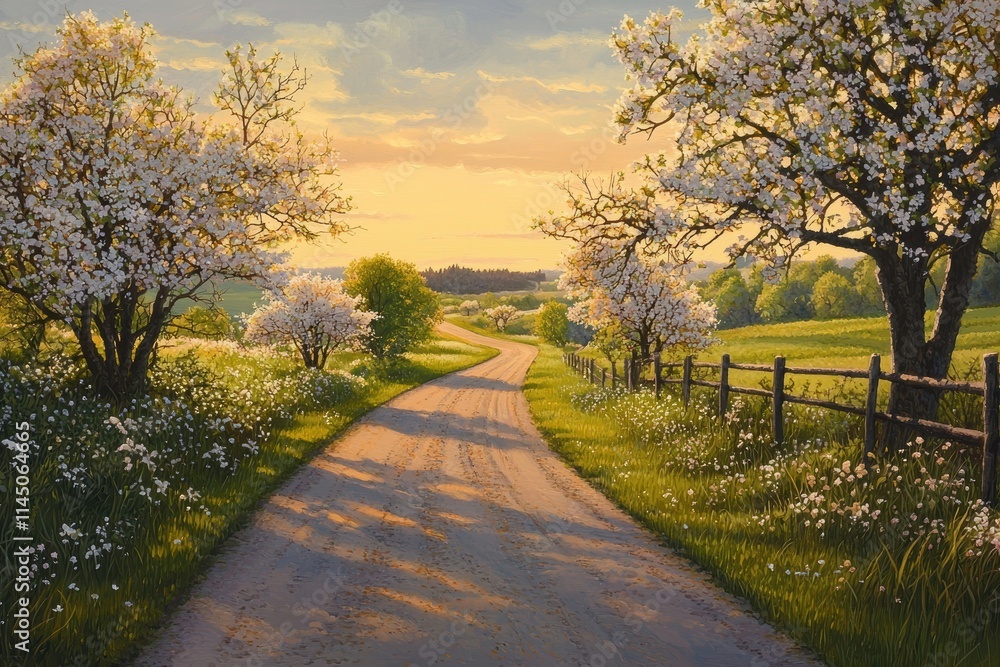 Naklejka premium Nostalgic Country Road with Blooming Trees at Sunrise - Peaceful, Natural Landscape for Posters
