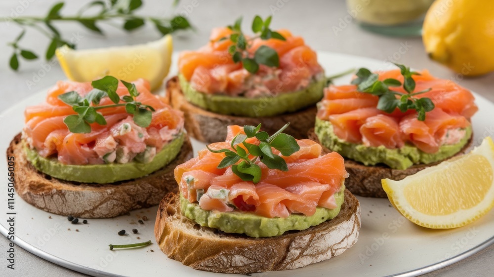 A dish with smoked salmon and avocado tartare. Tartare is spread on slices of toasted bread. The top is decorated with lemon slices. A dish with smoked salmon and avocado tartare. Tartare is spread on slices of toasted bread. The top is decorated with lemon slices.