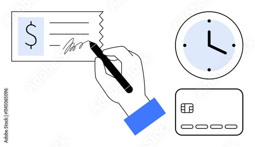 Hand using pen to sign a check, clock showing time, credit card in foreground. Ideal for finance, banking, money management, payment processing, deadlines punctuality personal finances. Line