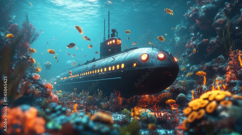 Fototapeta premium Underwater submarine near vibrant coral reef.