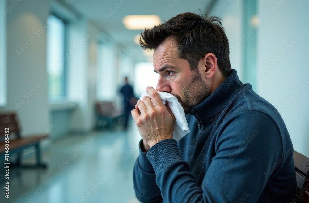 A man with a cold and fever sits on a bench in a clinic, blowing his nose into a handkerchief A man with a cold and fever sits on a bench in a clinic, blowing his nose into a handkerchief