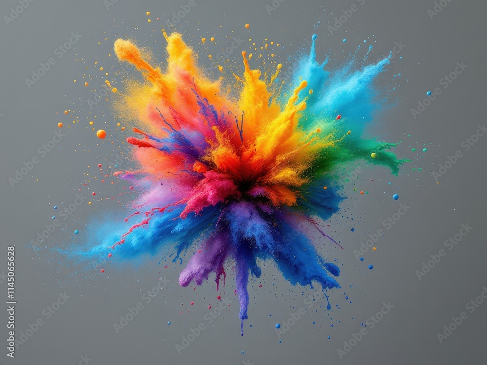 Vibrant explosion of colored powders creating a mesmerizing display of hues against a neutral backdrop Vibrant explosion of colored powders creating a mesmerizing display of hues against a neutral backdrop