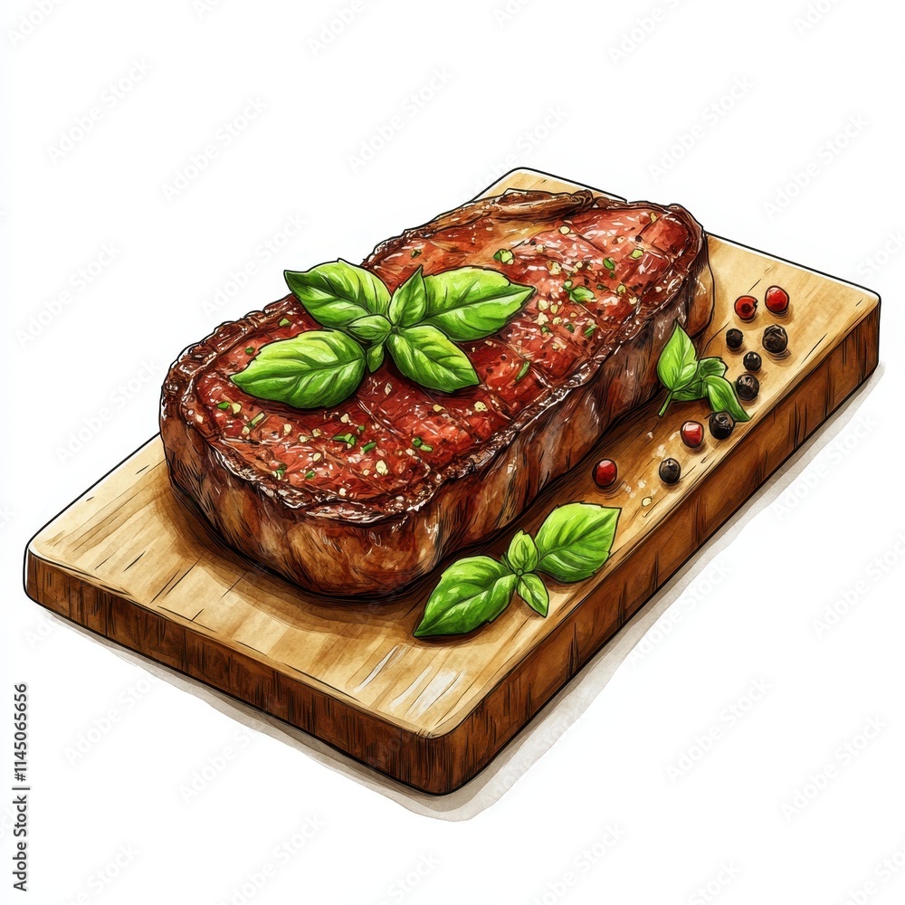 High-quality illustration of a steak on a wooden board, adorned with herbs and spices, viewed from the front and isolated on a white background. High-quality illustration of a steak on a wooden board, adorned with herbs and spices, viewed from the front and isolated on a white background.