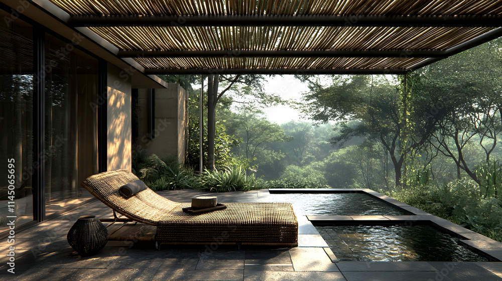 Serene outdoor lounge area with nature view. Serene outdoor lounge area with nature view.