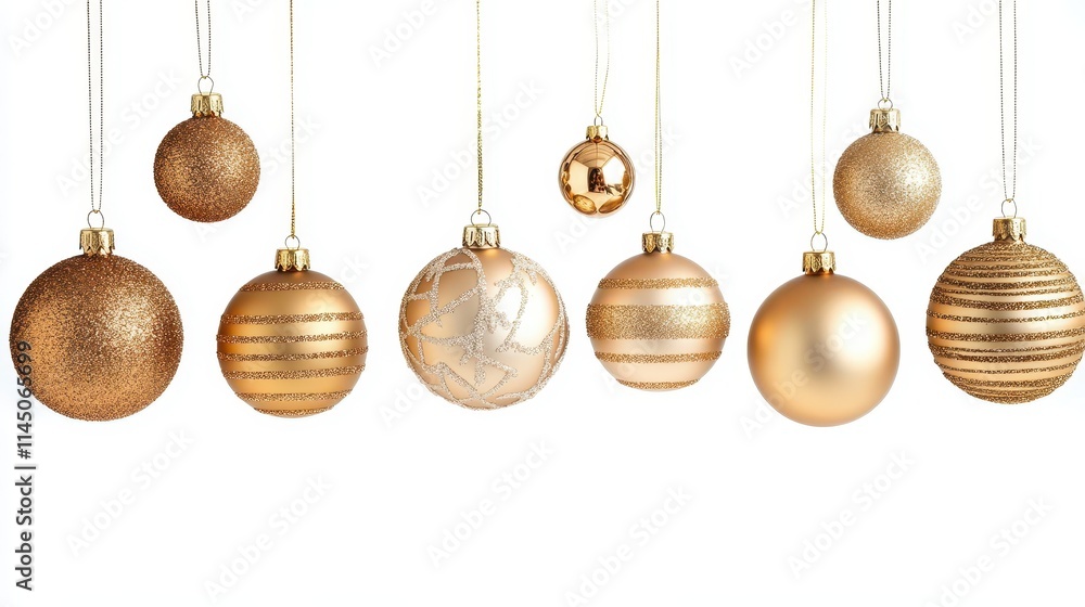 Festive gold christmas ornaments of different shapes and sizes hanging against a white background Festive gold christmas ornaments of different shapes and sizes hanging against a white background