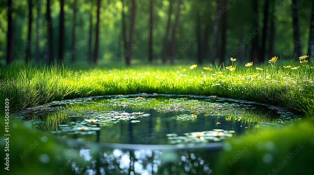 Serene pond nestled in lush green meadow, surrounded by trees. Serene pond nestled in lush green meadow, surrounded by trees.