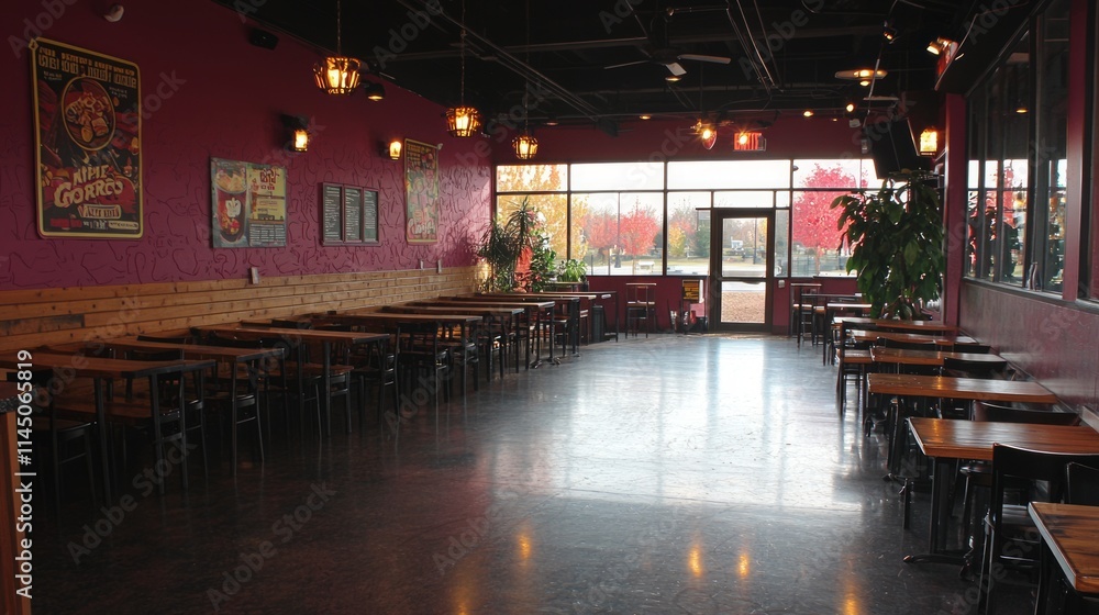A spacious restaurant interior with wooden tables and a vibrant atmosphere.