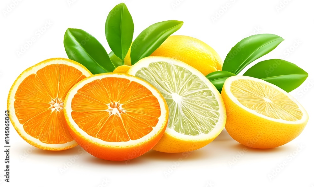 Citrus fruits orange, lemon, and lime halves, with green leaves. Citrus fruits orange, lemon, and lime halves, with green leaves.