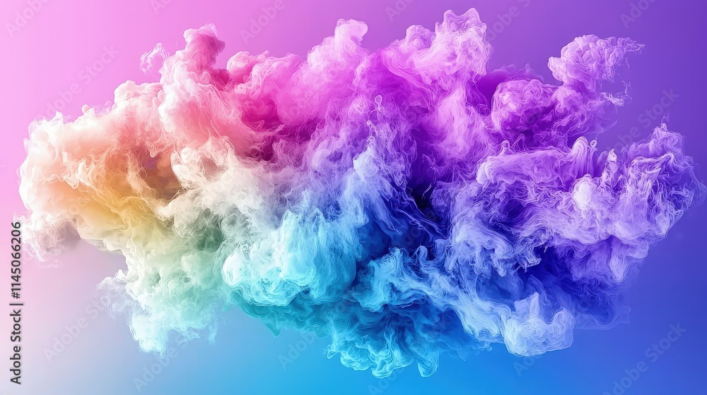 Fototapeta premium Vibrant multicolored smoke cloud with swirls of pink, purple, blue, and yellow floats against a matching gradient background.