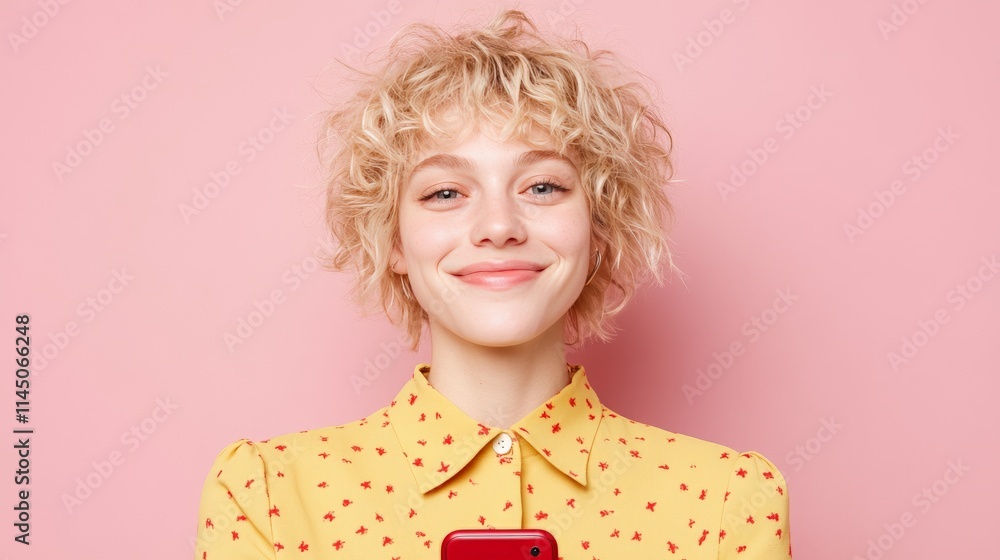 Smiling woman with short blonde curls wearing a yellow blouse against a vibrant pink background exuding positivity and retro charm Smiling woman with short blonde curls wearing a yellow blouse against a vibrant pink background exuding positivity and retro charm