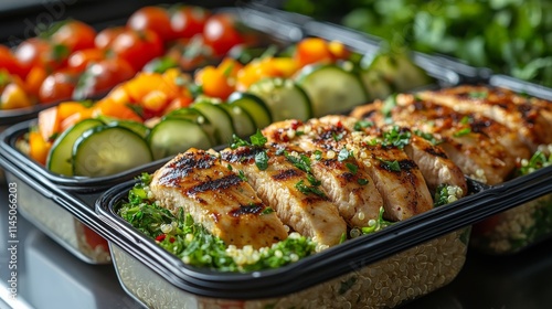 Healthy meal prep containers with grilled chicken, vegetables, and quinoa on a clean kitchen counter.