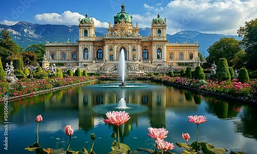 Wallpaper Mural A beautiful palace surrounded by gardens and a reflective pond with blooming flowers. Torontodigital.ca