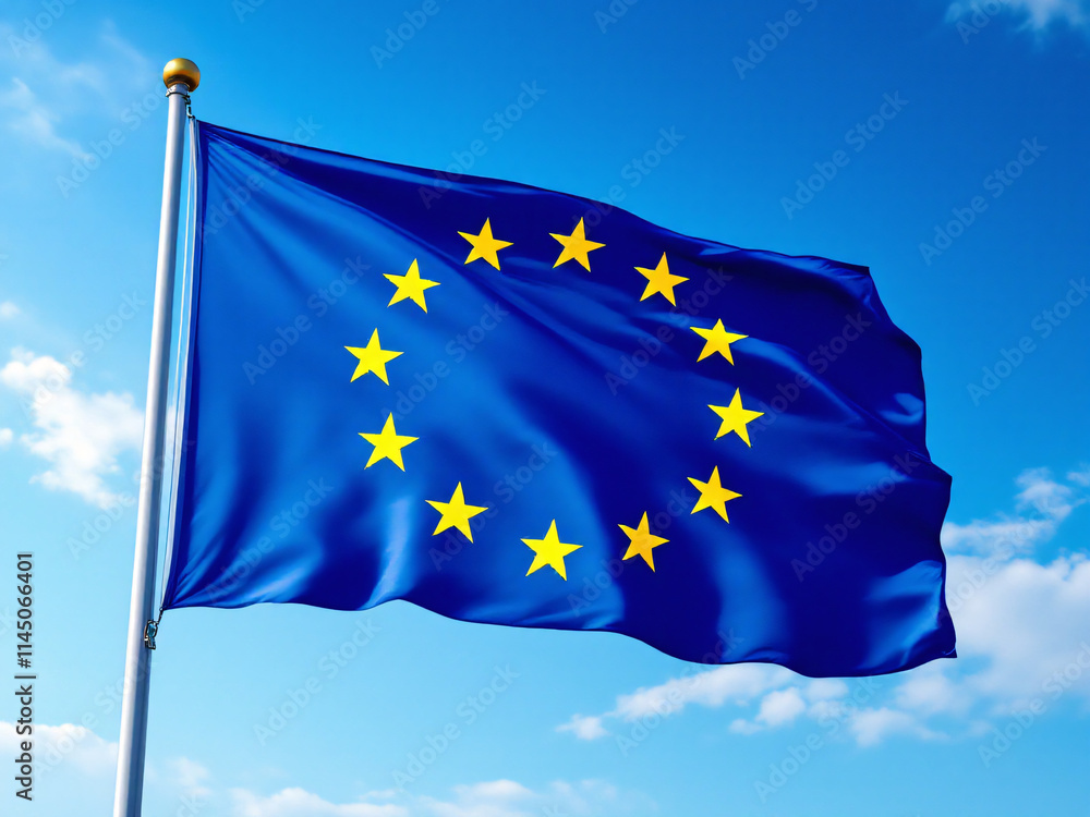 European Union flag waving against a clear blue sky with scattered clouds. European Union flag waving against a clear blue sky with scattered clouds.