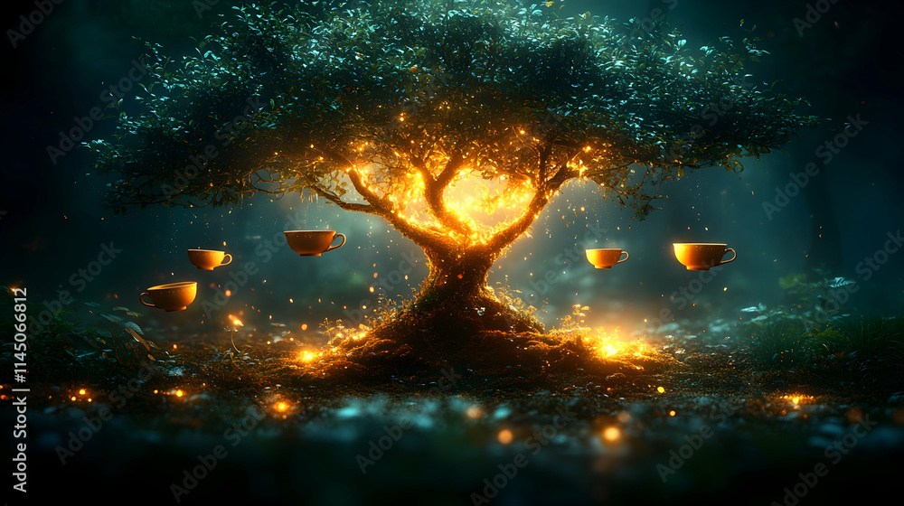 Glowing mystical tree with floating teacups in enchanted forest. Glowing mystical tree with floating teacups in enchanted forest.